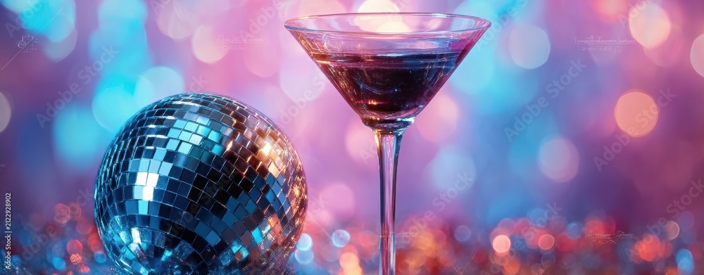 Obraz premium Glamorous Evening Martini and a Disco Ball Set Against a Colorful and Bright Background for Visual Delight