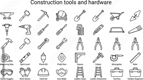 Construction tools and industrial hardware line icons set featuring carpentry equipment engineering instruments renovation machinery line symbols collection