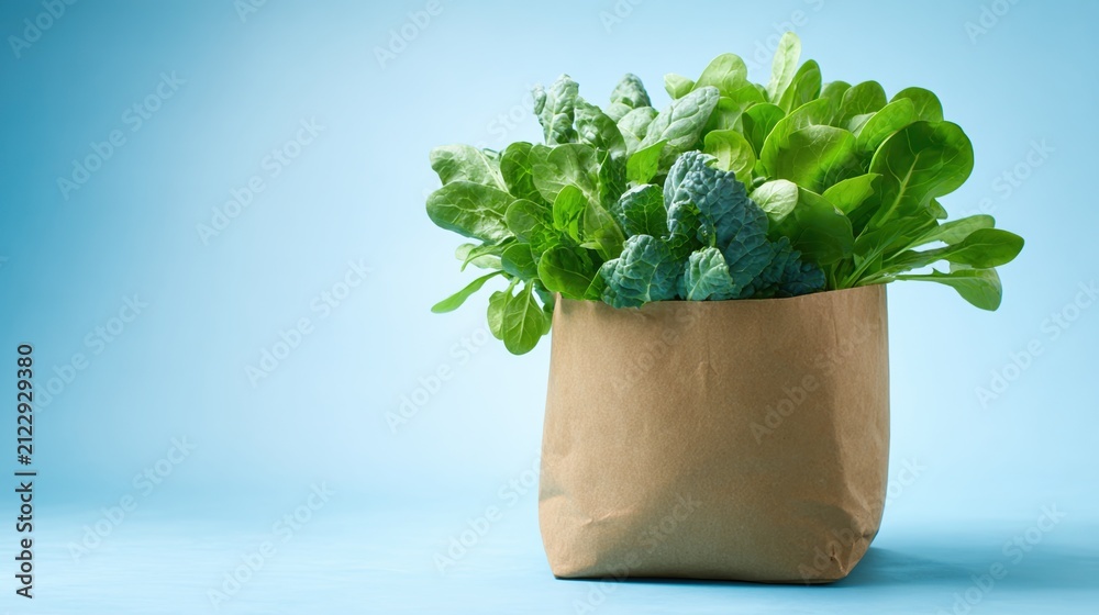 Naklejka premium Paper bag filled with leafy greens on light blue background