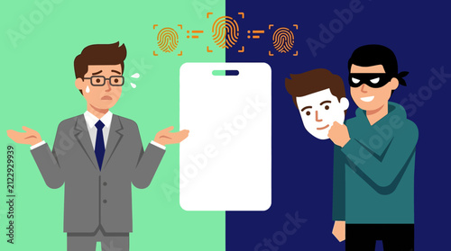 Identity Theft Protection and Cyber Security Concept Illustrating a Professional Confronting a Criminal Impersonator with Digital Biometric Verification