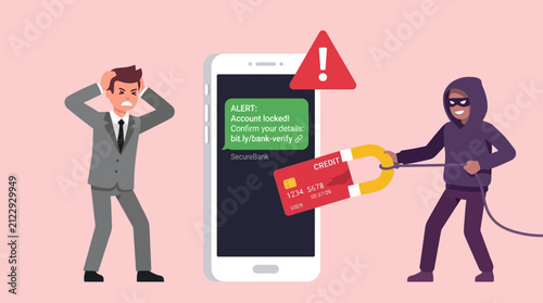 Obraz na plátně Cybercriminal stealing credit card data from smartphone using magnet with panick