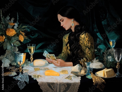 An Elegant Lady Immersed in Reading by Soft Candlelight, Surrounded by an Array of Gourmet Delicacies