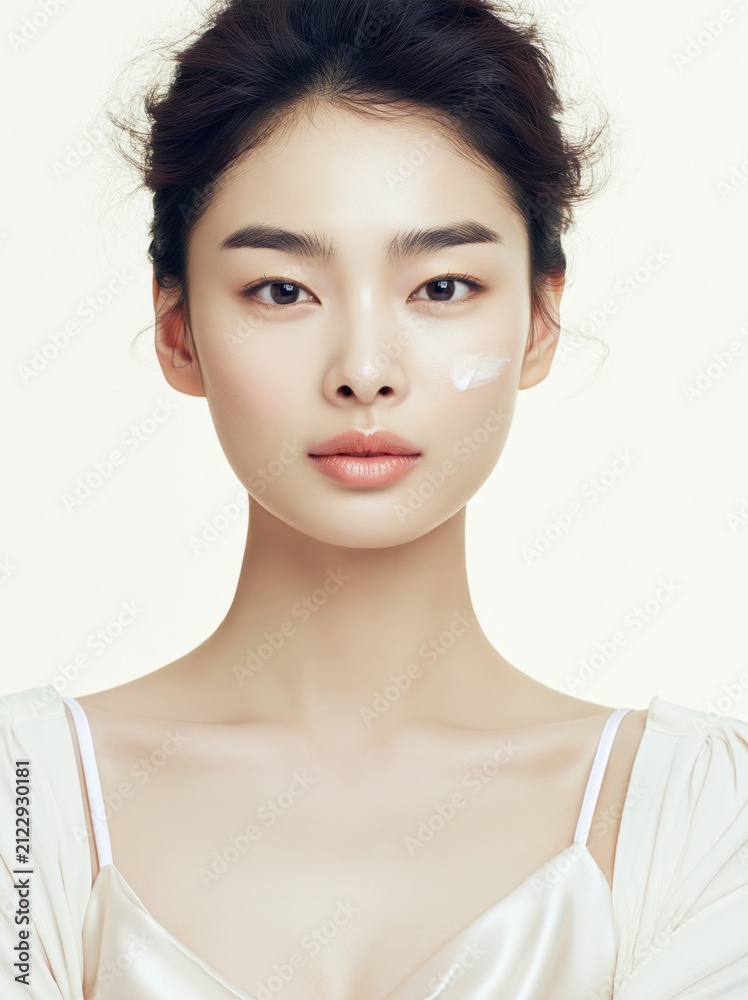 Fototapeta premium A woman poses in a soft ivory dress showcasing light makeup and a bright background