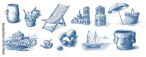 Hand drawn seaside vacation collage with sailboat, palm trees, bungalow and coastal activities in ink sketch style across panoramic layout for travel themed decor and print projects