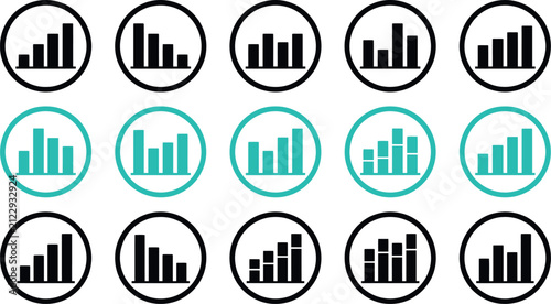Set of various bar chart icons arranged in a grid with black and teal circular border designs