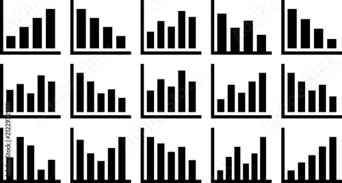 A collection of various bar chart icons showing different data trends and statistical growth patterns for business analysis