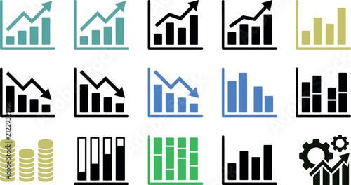 Set of various business bar chart and growth graph icons for financial data analysis and reporting