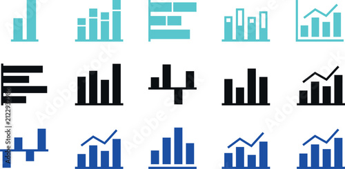 Set of various business data chart icons in black blue and cyan colors for financial reporting