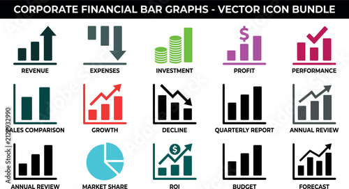 Set of corporate financial bar graph vector icons representing business growth loss and various data analysis metrics