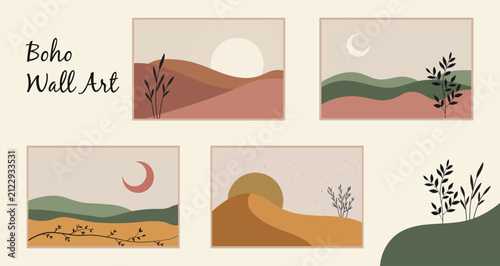 Boho wall art set with sun moon and pampas grass illustrations in a minimalist style