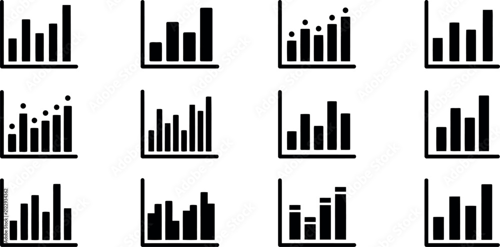 Obraz premium Set of twelve simple black bar chart icons representing business data analysis and financial growth statistics