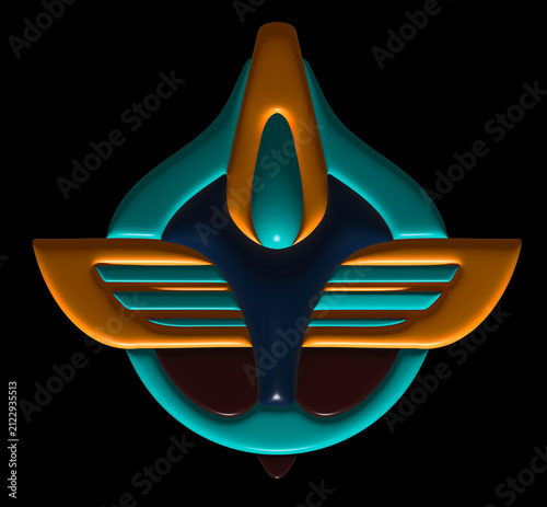 FUTURISTIC SCI-FI EMBLEM WITH WINGS, 3D TEAL AND ORANGE GAMING LOGO DESIGN ISOLATED ON BLACK BACKGROUND
