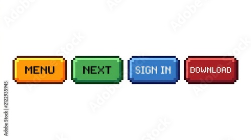 Pixelated button icons with text on a white background pixel art 8-bit retro vintage gaming digital interface user elements rectangular buttons square menu