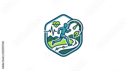 Foto Running athlete silhouette appears inside a hexagonal badge representing outdoor exercise and health