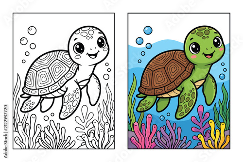 Cute sea turtle swimming underwater coloring page with colored sample for kids