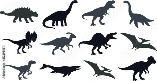 Foto A comprehensive vector collection of diverse dinosaur silhouettes from the prehistoric era