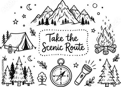 Hand drawn outdoor camping doodle vector set, take scenic route text design, mountain range, starry night, tent, campfire, pine forest, navigation compass