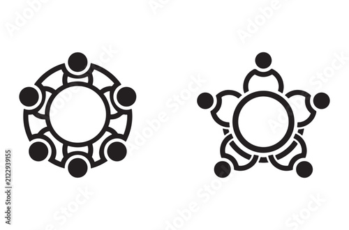 Minimalist vector icons of people sitting around a circular table for business meetings and team collaboration concepts