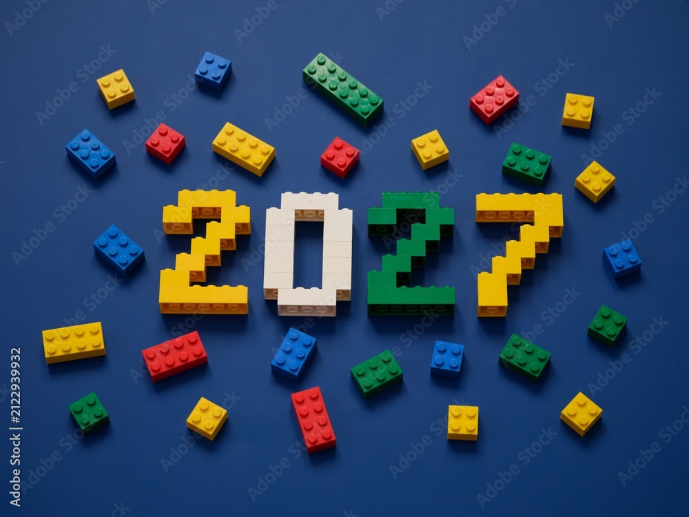 Fototapeta premium Tambov, Russian Federation - October 13, 2024 Lego numbers 2027 with Lego bricks on a blue background.