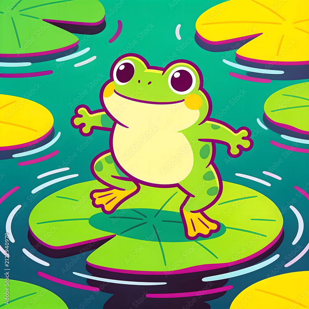 Obraz premium Cute Cartoon Frog Standing on Lily Pad in Pond