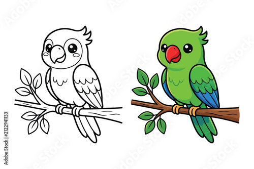 Cute parrot sitting on a leafy tree branch coloring page with colored sample for kids