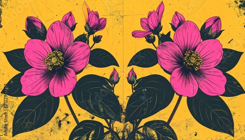 Creative retro-style artwork with pink and gold flowers and leaves, ideal for modern