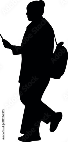 a woman walking and using smart phone, silhouette vector