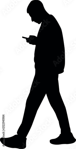 a man walking and using his smart phone, silhouette vector