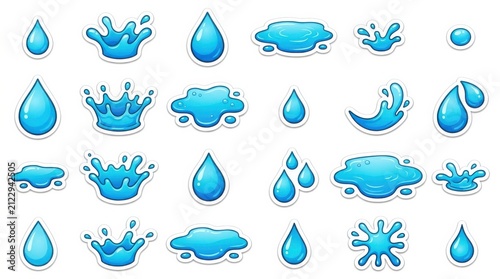 Collection of blue water droplets and splashes on a white background a vector illustration aqua aqueous bubble clear cool drop drops fluid fresh