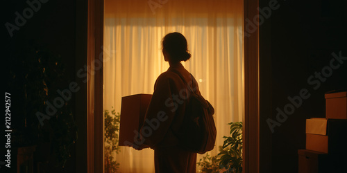 Woman in Silhouette Holding a Box at a Warmly Lit Doorway