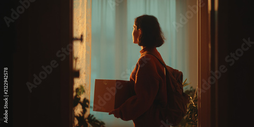 Young Woman Holding Package Backpack Standing by Window in Soft Light