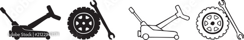 Car repair symbols featuring floor jacks tires and wrenches for mechanic shop branding