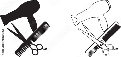 Barber shop tools icons featuring hair dryer scissors and comb for hair salon