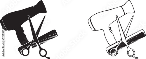 Hair salon equipment icons with hair dryer scissors and comb in black and white