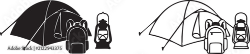 Camping gear set featuring tent backpack and lantern for outdoor travel and adventure