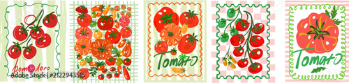 Colorful tomato label collection with hand drawn vegetables and vintage inspired vector illustrations