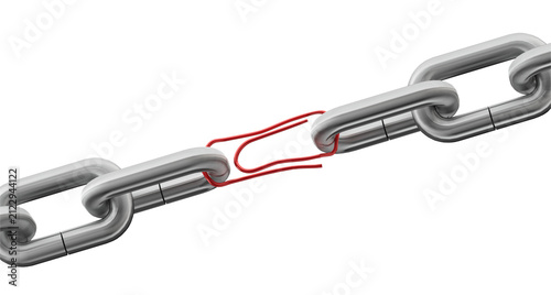 Cuadro en lienzo Broken metal chain connected with a red paper clip isolated on transparent background