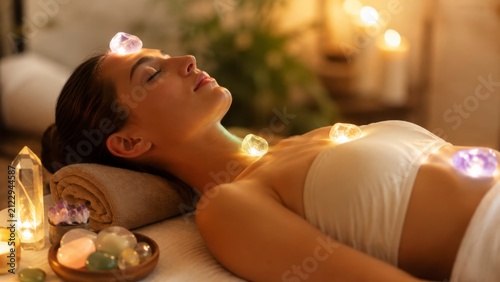 woman receiving crystal healing in a peaceful spa with glowing gemstones and warm light