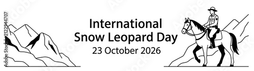 International Snow Leopard Day Banner with Park Ranger on Horse and Mountain Landscape Background