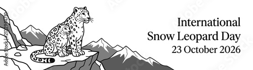 International Snow Leopard Day October 23 2026 Banner with Mother and Cub Leopards on Mountain Cliff