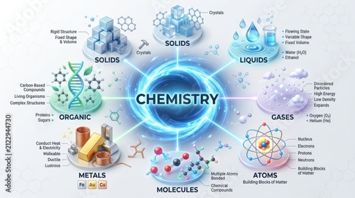 Chemistry diagram illustrating states of matter and atomic structures vector illustration atom structure chemical bonds compounds electron elements ethanol gases helium liquids molecule