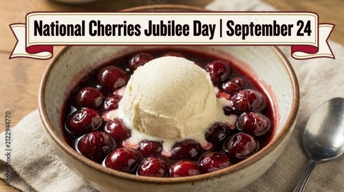 Cherries jubilee with vanilla ice cream in a ceramic bowl close up photo dark sweet scoop dessert fruit food photography close-up still life