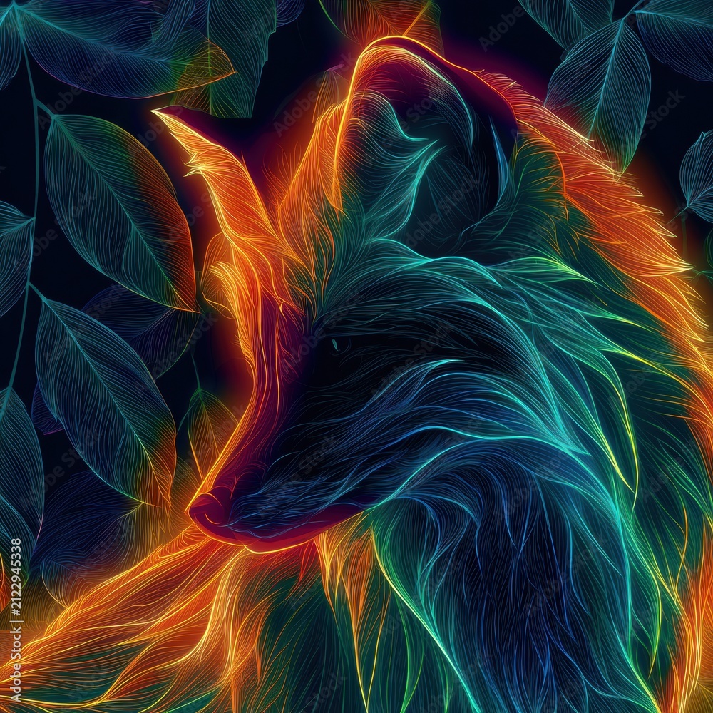 Fototapeta premium A fox stands out with neon outlines against dark leaves in a vibrant wildlife scene at night in a forest.