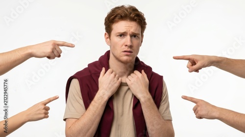 Young man feeling blamed as hands point at him in an accusation concept on white background.