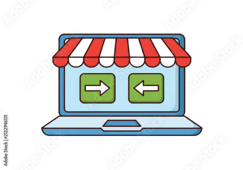 Online shopping store laptop with colorful awnings isolated on transparent background