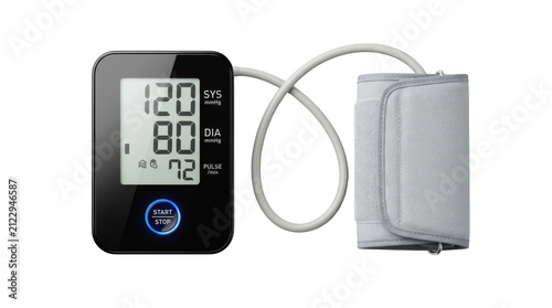 Digital blood pressure monitor with cuff isolated on transparent background