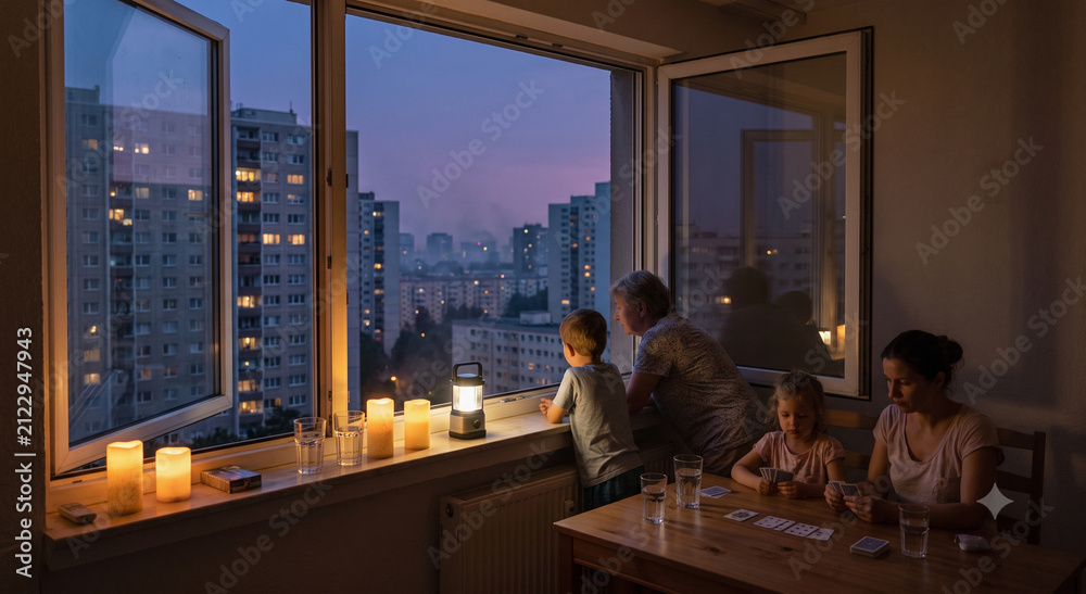 Fototapeta premium Family Waiting at a Window as City Power Fluctuates