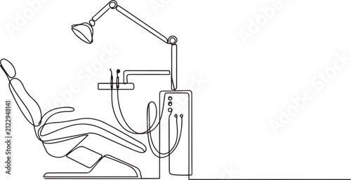 Hand drawn illustration of a dental chair and equipment in black lines.one line vector illustration with white Background