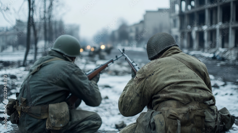 Obraz premium Two soldiers in historical uniforms crouch with rifles in a snowy, war-torn urban environment