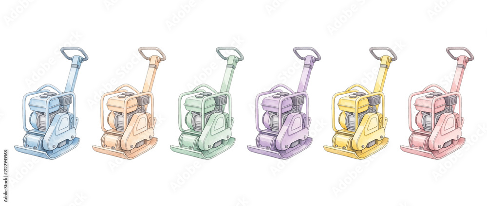 Obraz premium Plate compactor equipment set colorful construction machinery illustrations row vibrant pastel colors industrial ground tamping tools isolated black background heavy duty building icons collection